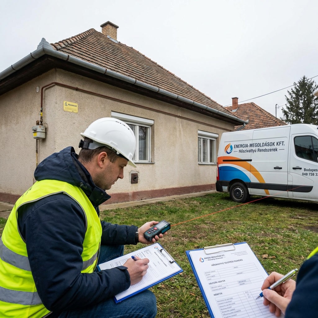 Mérnök helyszíni felmérést végez hőszivattyú telepítéshez magyar családi háznál