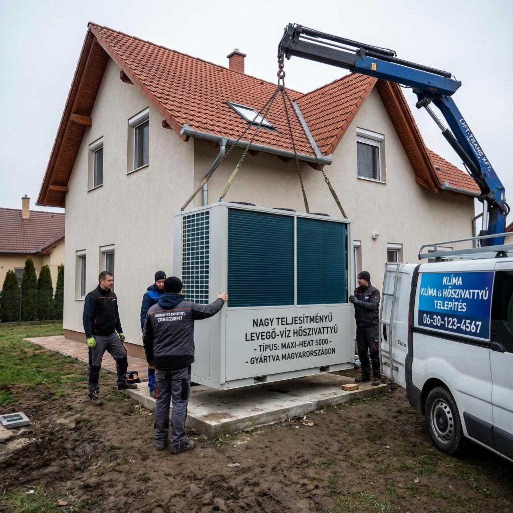 Technikusok csapata emelőberendezéssel helyezi el a hőszivattyú kültéri egységét