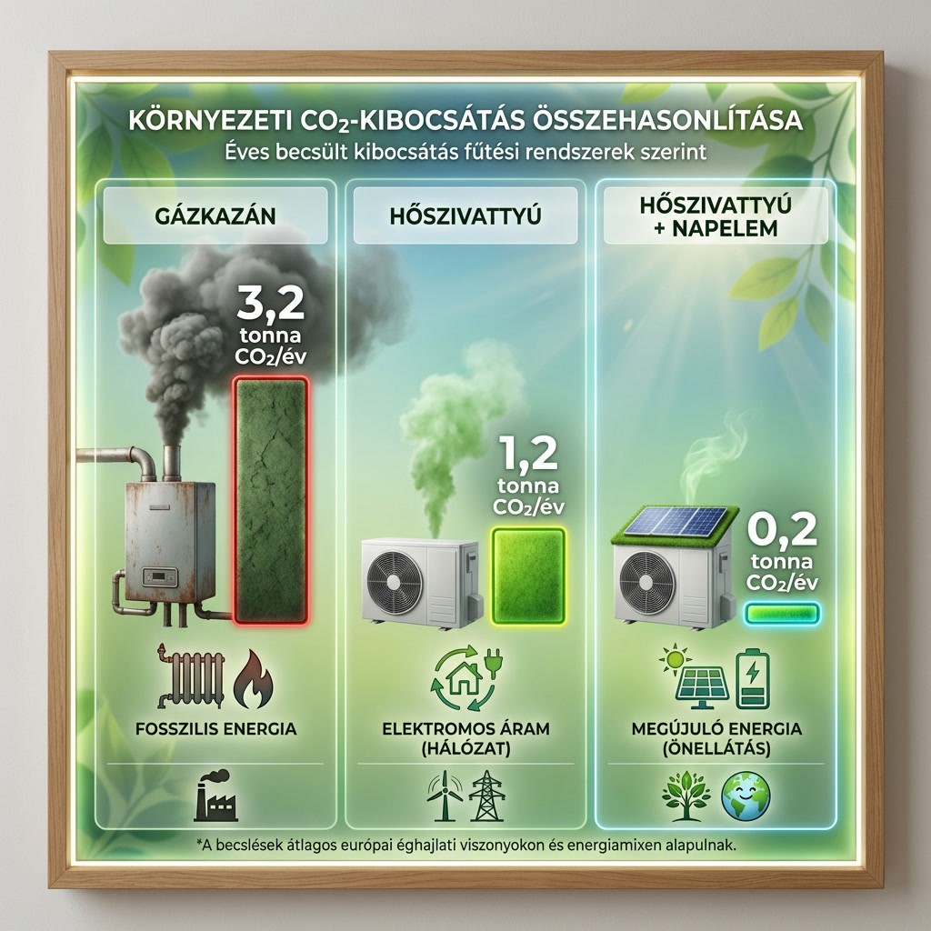 CO2 kibocsátás összehasonlítás – gázkazán vs hőszivattyú vs napelem kombináció