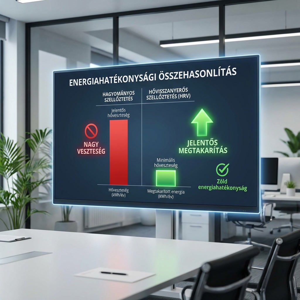 Energiahatékonysági összehasonlító diagram hagyományos és hővisszanyerős szellőztetés hőveszteségéről