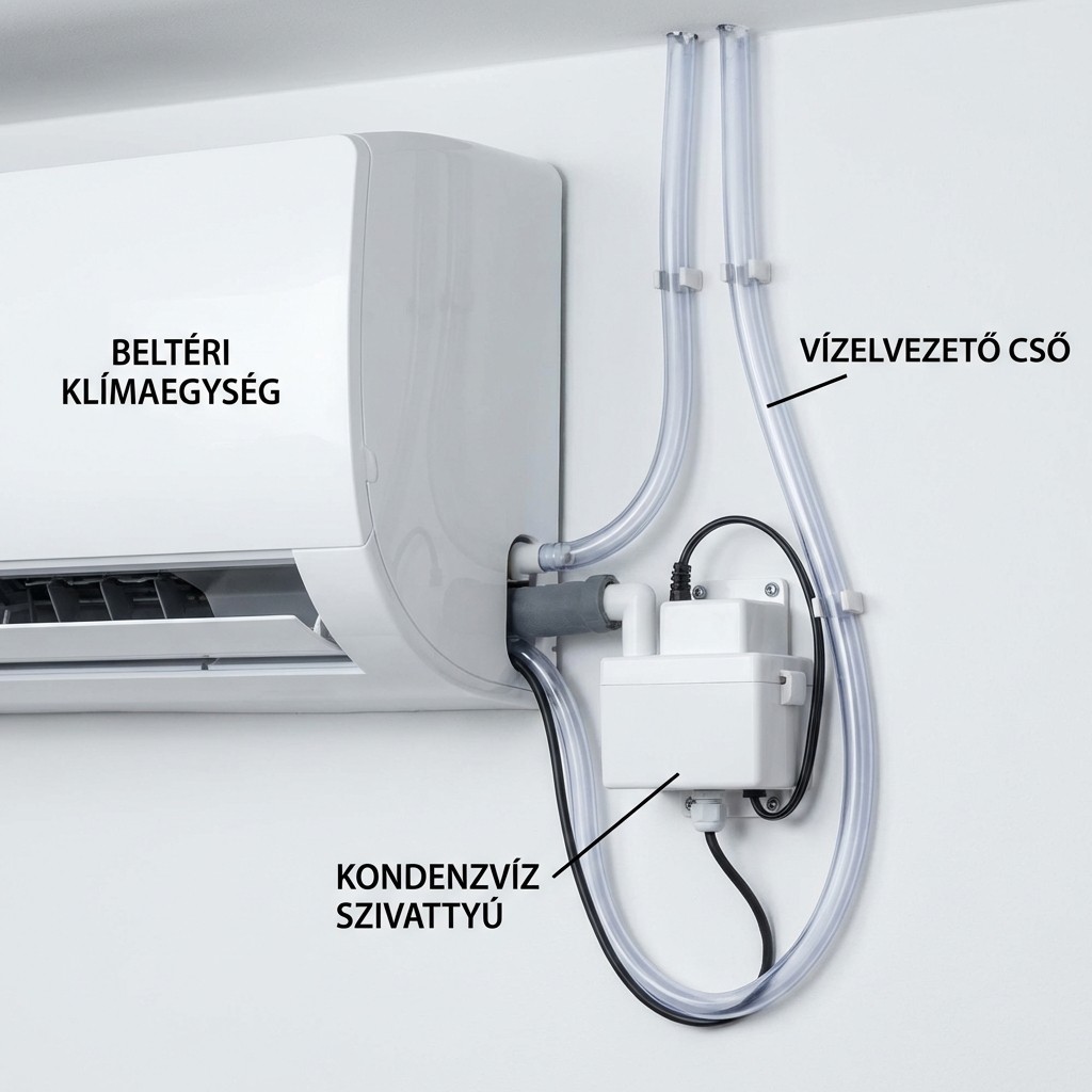 Kondenzátszivattyú (mini-pump) klímához telepítve – megoldás gravitációs elvezetés helyett