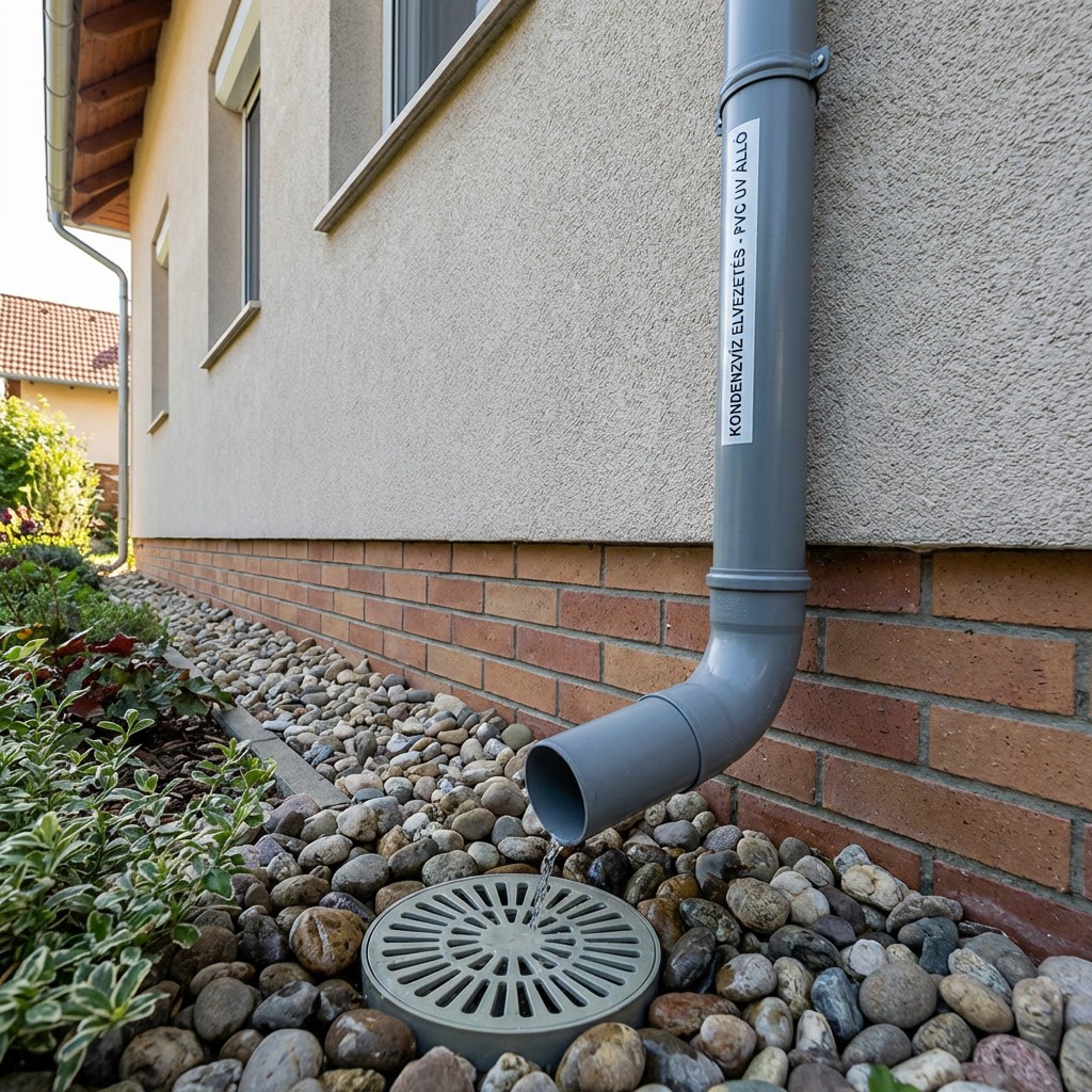 Szabályos klíma kondenzvíz elvezetés – UV-álló PVC cső megfelelő lejtéssel