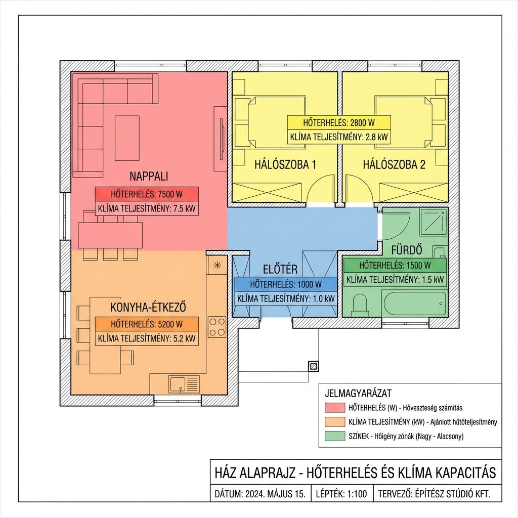 Alaprajzi hőterhelés-számítás diagram klíma teljesítmény zónákkal