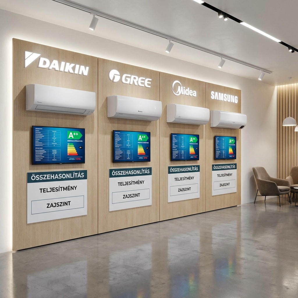 Klíma márka showroom 2026 – Daikin, Gree, Midea, Samsung egymás mellett összehasonlítva