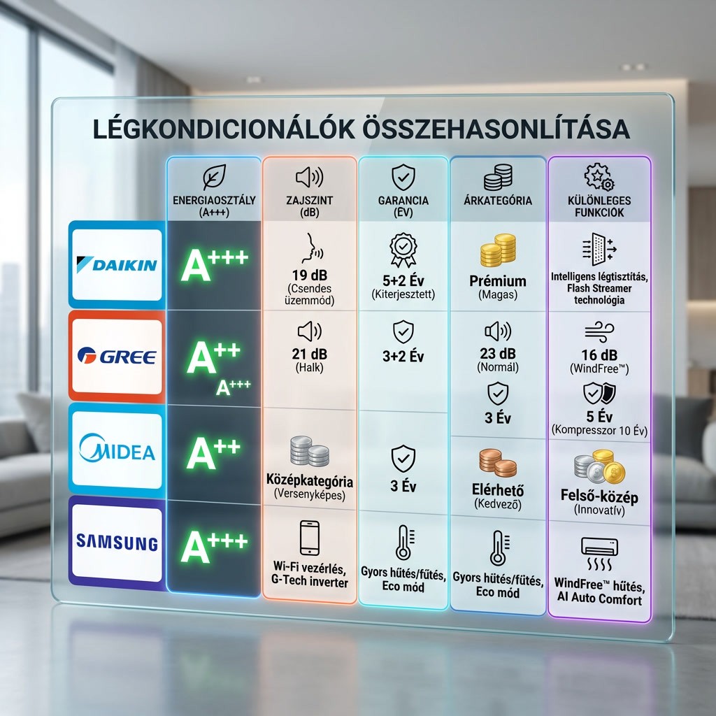 Klíma márka összehasonlítás táblázat – Daikin, Gree, Midea, Samsung 2026