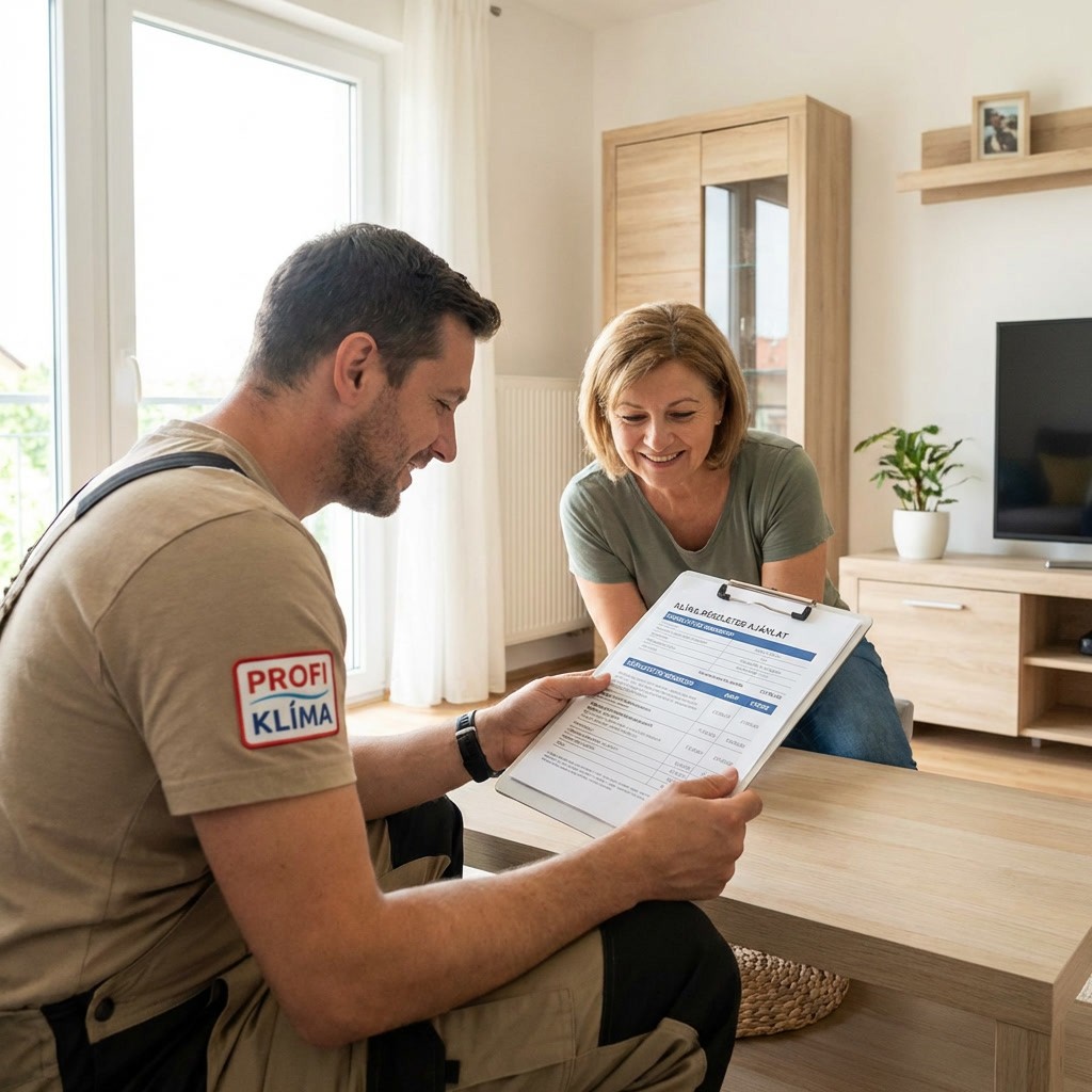 Klímaszerelő részletes írásos árajánlatot mutat a megrendelőnek modern nappaliban