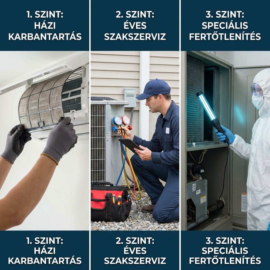 Klíma karbantartás három szintje – házilag szűrőtisztítás, éves szerviz és professzionális fertőtlenítés