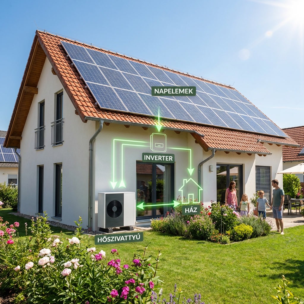 Napelem és hőszivattyú együtt – energiaáramlás diagram és valódi telepítés magyar házon