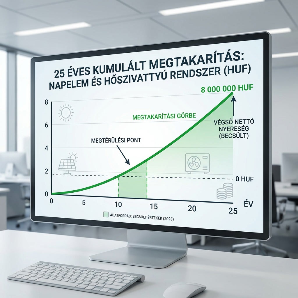 Napelem és hőszivattyú megtérülés – 25 éves ROI számítás és kumulált megtakarítás