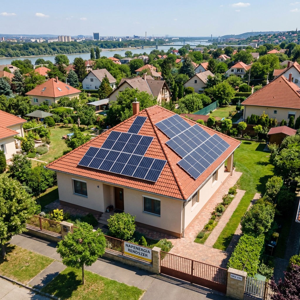 Magyar családi ház napelemes rendszerrel vörös cseréptető tetején, drónfotó