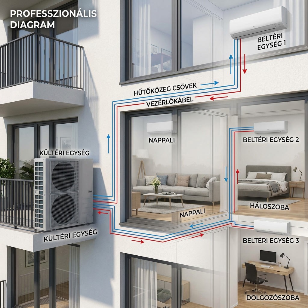 Multi split rendszer egy kültéri egységgel és három beltéri egységgel